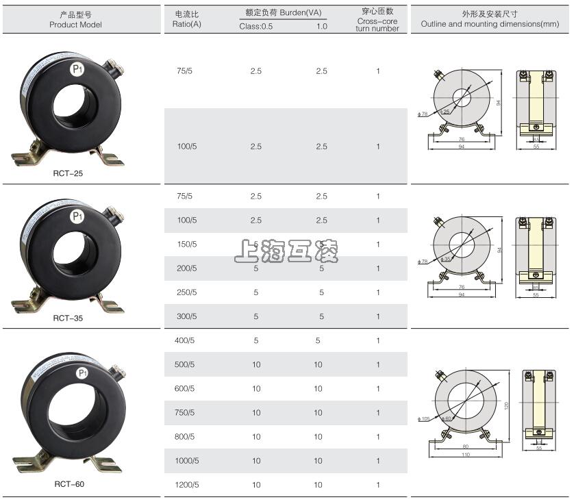 RCT-25电流互感器,RCT-35电流互感器,RCT-58电流互感器外形尺寸图